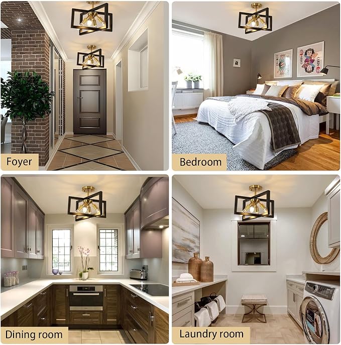 DELIPOP 4-Light Flush Mount Ceiling Light, Farmhouse Gold Square Metal Frame Light Fixtures Ceiling Chandelier for Kitchen, Dining Room, Entryway, Hallway, Island