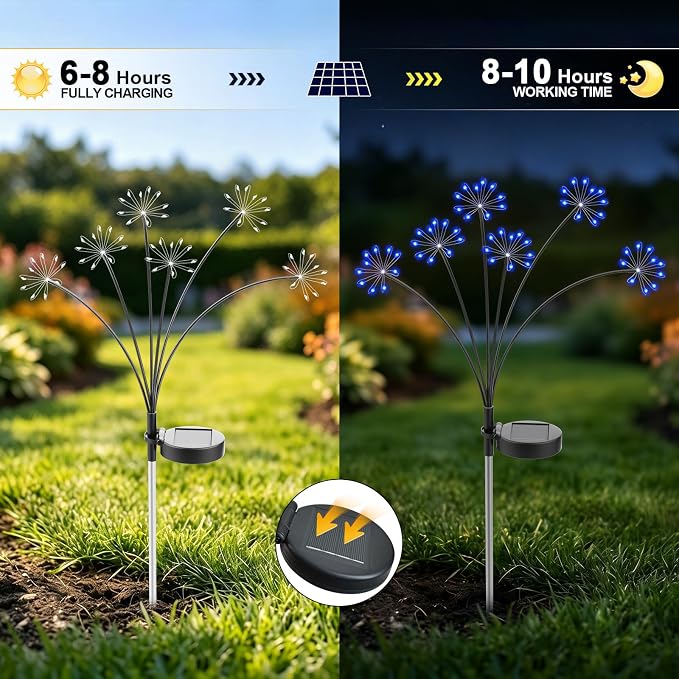 Solar Garden Lights Outdoor, Upgraded Solar Swaying Starburst Light Waterproof with 2 Modes, Solar Fairy Firework Lights for Yard Patio Pathway Flowerbed Balcony Garden Decoration (Blue, 4 Pack)