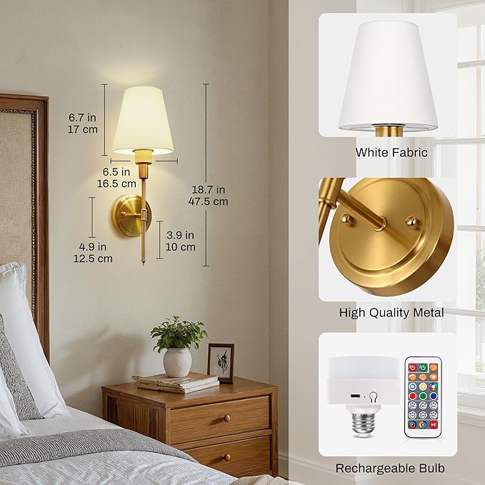 DORESshop Battery Operated Wall Sconce Set of 2, Wall Light Wireless Easy to Install, Dimmable and Adjustable Sconces Wall Decor, Rechargeable Wall Lamp for Bedroom, Living Room, Gold 18.7in