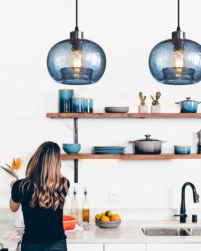 CASAMOTION Glass Pendant Lights Kitchen Island Modern Farmhouse Blue Ceiling Hanging Light Fixtures Globe Over Table Sink Foyer Entryway Brushed Nickel 8.7 Inch Diam