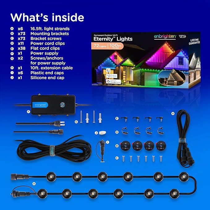 Enbrighten Eternity Permanent Outdoor Lights, 100ft with 72 RGBWIC LED Lights, App‑Controlled, Cuttable, Christmas, Accent & Year‑Round Eave Lighting, Works with Alexa & Google Home, 82730