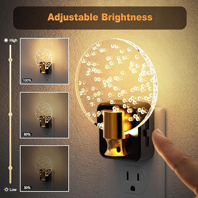 JandCase Night Light, Dimmable Night Lights Plug into Wall, Bubble Nightlight with Auto On/Off Light Sensor, 0-100LM LED Round Nightlights, 180°Rotatable Acrylic Nite Light for Hallway Bathroom