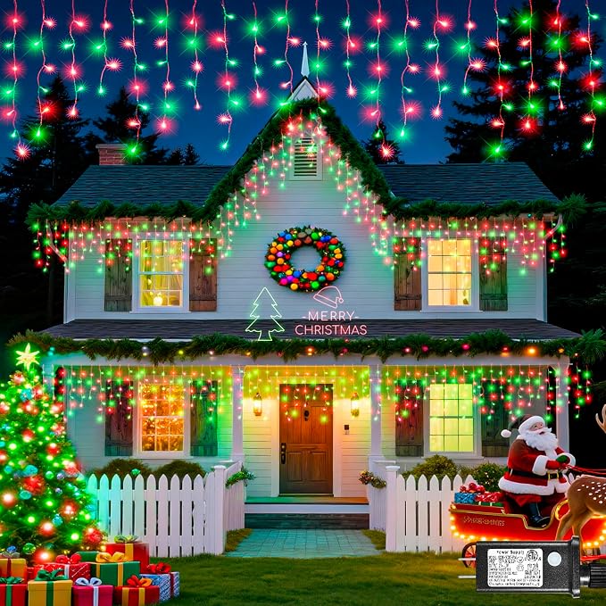Icicle Christmas Lights Outdoor - 66FT 640 LED Icicle Lights for Outside with 8 Modes Timer, 120 Drops Waterproof Connectable Hanging String Lights Indoor for Roof Party Xmas Decoration, Red and Green