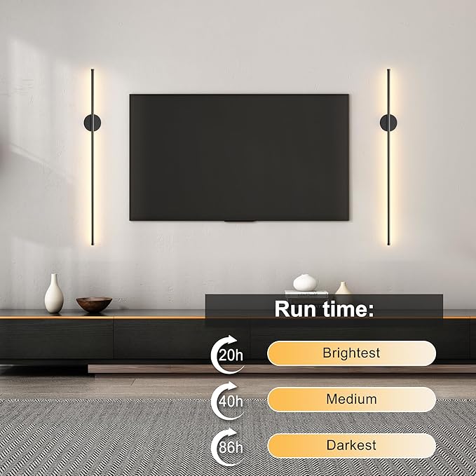 Battery Operated Modern Wall Sconces Set of Two,Rechargeable Wireless Wall Lights with Remote Control,Dimmable,3CCT,Timer,360°Rotation,Cordless Lighting for Bedroom,Living Room,Hallway,Black,39.3 Inch