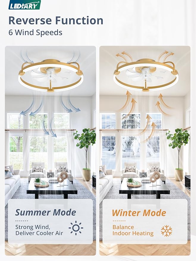 LEDIARY Ceiling Fans with Lights and Remote, 20'' Low Profile Ceiling Fan with Light, 3000-6000K Dimmable Fandelier LED Fan Light, 6 Wind Speeds, Gold Modern Flush Mount Ceiling Fan for Bedroom