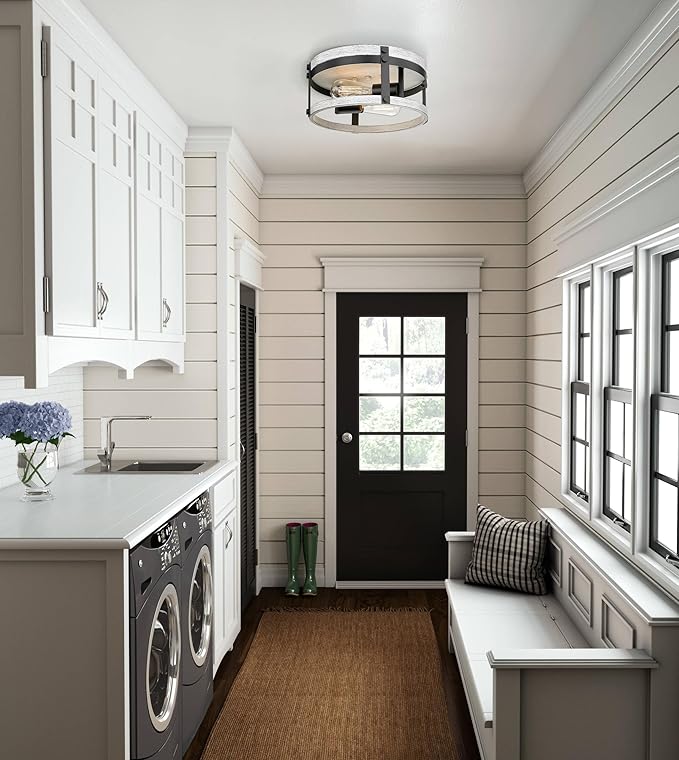 2-Light Farmhouse Ceiling Light, 12 inch Oak White Kitchen Flush Mount Ceiling Light, Round Rustic Light Fixtures with Wood Finish for Hallway Entryway, OS-3016WH