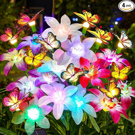 Garpar Solar Flower Lights Outdoor 4 Pack, 16 Lilies and 12 Butterflies | 800mAh Battery, Brighter LED, IP65 Waterproof, Color Changing, Perfect for Yard, Lawn, Pathway, Gift for Mom, Women, Grandma