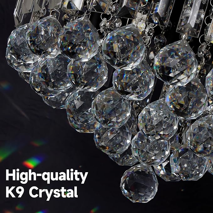 8-Light Modern Crystal Chandelier Black Metal G9 Base Flush Mount Round Light Fixture Ceiling Lamp Farmhouse for Dining Living Room Laundry Foyer Kitchen Balcony Bedroom (H 11''x W 16'')