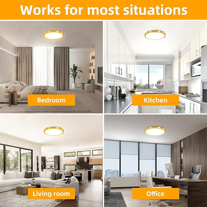 Hlite 6pack 12 inch Flush Mount LED Ceiling Light Fixture,24W 2400LM Super Slim Light Fixtures Ceiling Mount 3000K/4000K/5000K 3CCT Selectable,Light Fixtures for Kitchen,Bedroom (Gold)