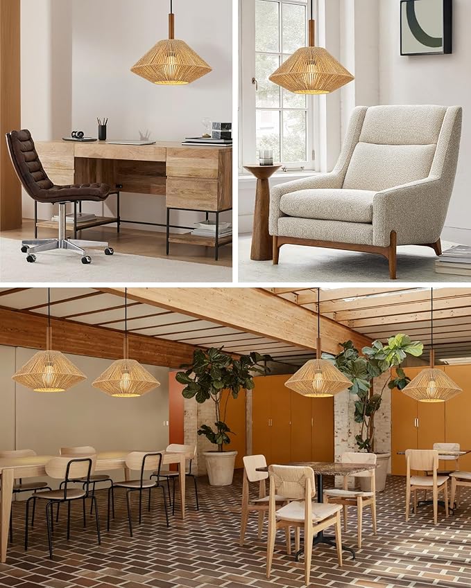 ELYONA 12.6" Boho Pendant Light Fixtures, Rattan Woven Pendant Light with Solid Ash Wood, Hanging Light for Kitchen Island, Farmhouse Ceiling Light for Dining Room Bedroom Living Room