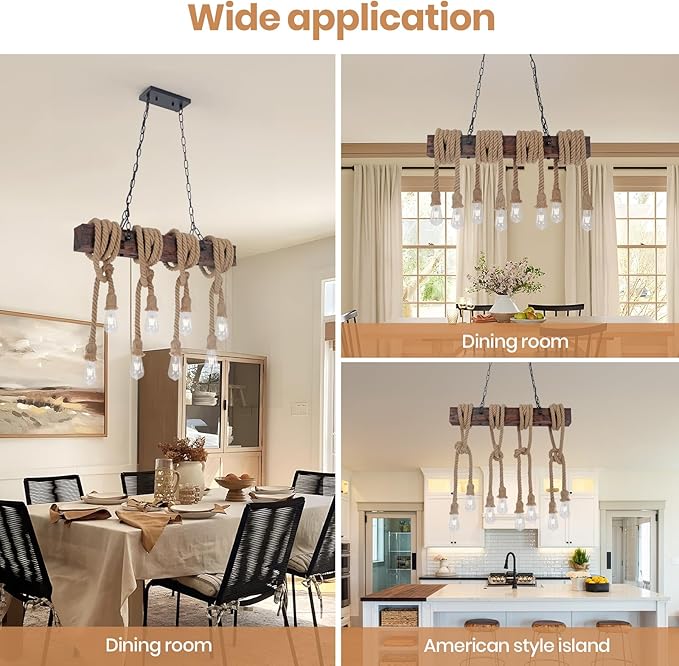 KEESFU Farmhouse Light Fixtures Rustic Chandelier，8-Light Kitchen Island Light Height Adjustable，Hemp Rope Pendant Light for Kitchen Dining Room Bar.