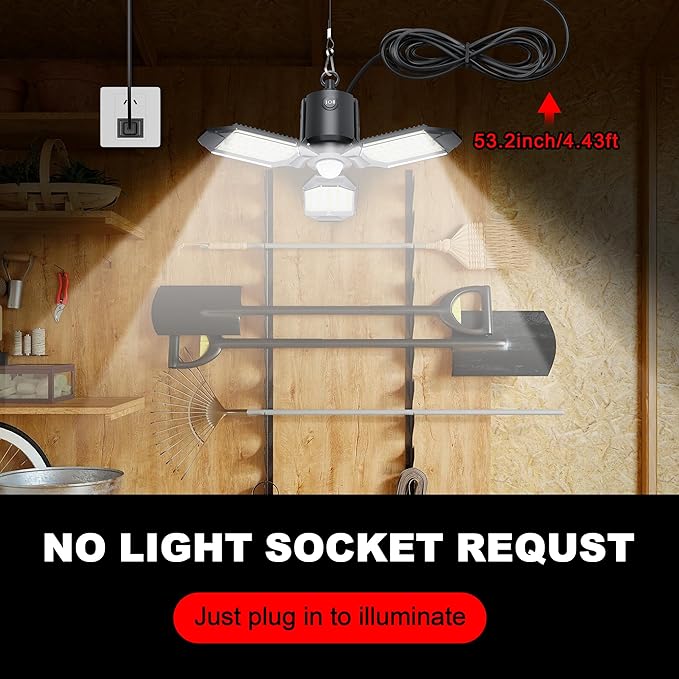Motion Sensor Garage Light Plug in, 8000LM Shop Light 3 Modes, 3 Deformable LED Panels, 6500K Indoor Motion Sensor Light Bulb for Garage, Barn, Basement (2 Pack)