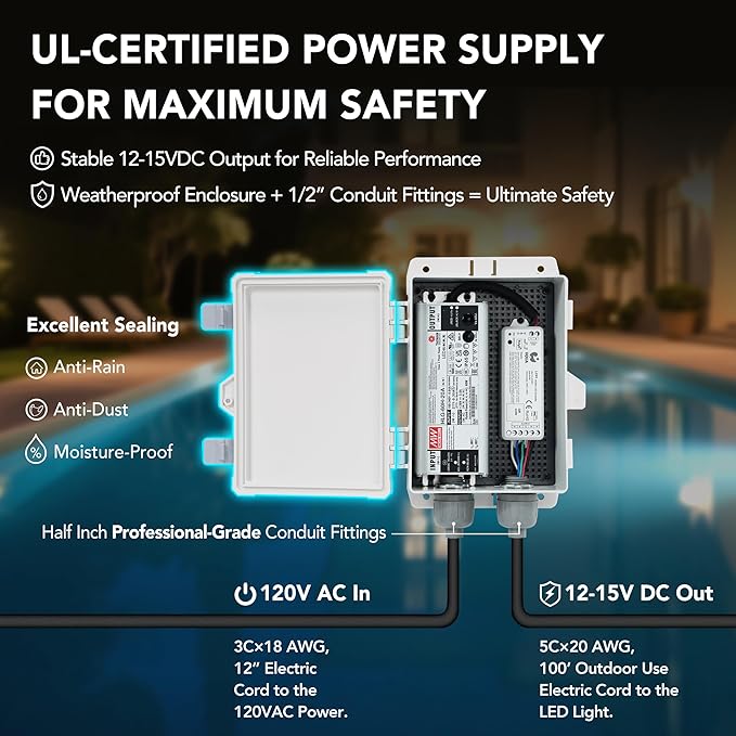 PN01DC LED Inground Pool Lighting System RGBW Color Change 10 Inch 50W, Remote/App Control, 120V AC, 100 Feet Cord