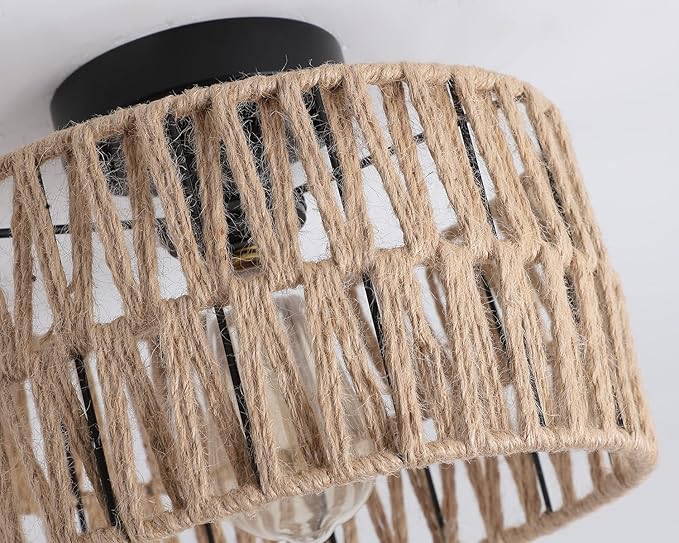 Coastal Woven Flush Mount Ceiling Light Fixture Rustic Industrial Hemp Rope Semi Flush Mount Ceiling Light for Hallway Bedroom Farmhouse Kitchen Entryway Hall, Black