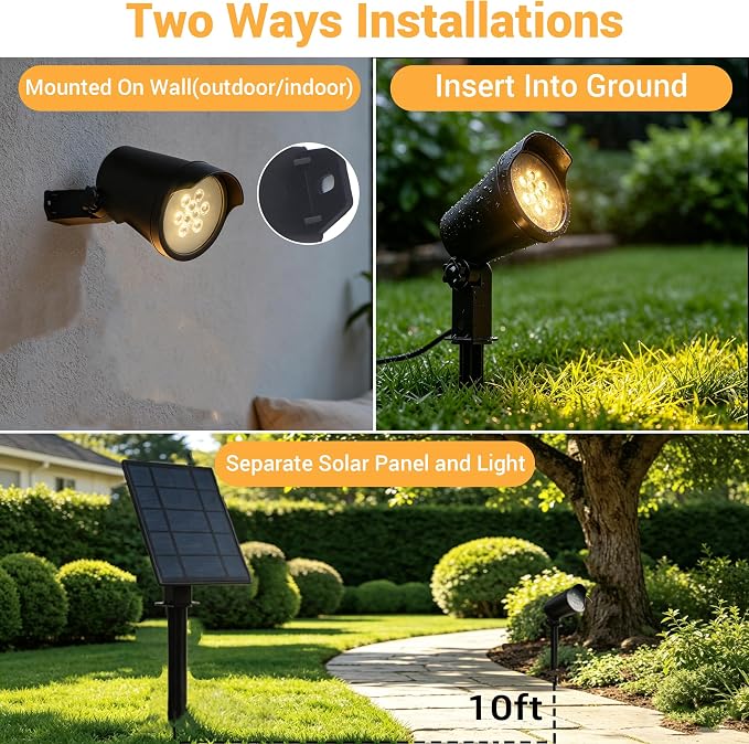 Super Bright 500LM Solar Spot Lights Outdoor with Separate Panel 3Pack | 3000/4000/5000K, 2 Brightness Levels, IP65 Waterproof, Adjustable Angle, 10FT Cable, Stake/Wall Mount, Auto Dusk to Dawn
