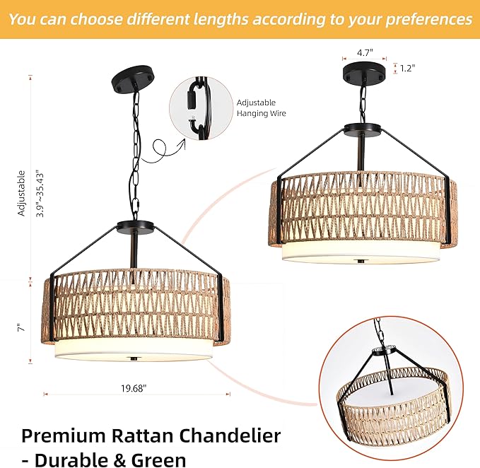 4-Light Boho Light Fixtures 19.7" Rattan Pendant Light Rustic Farmhouse Chandelier for Dining Flush Mount Ceiling Hanging Light Fixture for Hallway Entryway Kitchen Island