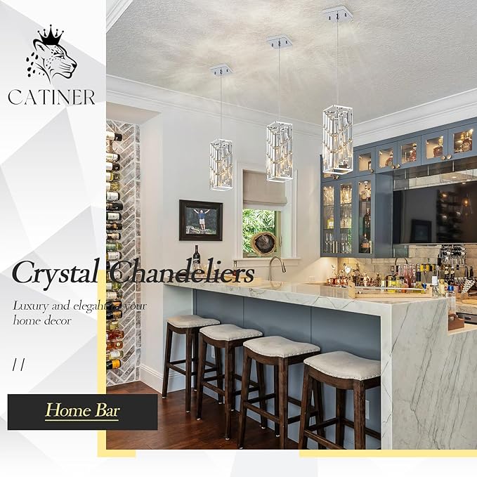 CATINER Chrome Crystal Pendant Lights 3 Pack, Mini Hanging Pendant Lighting Fixture with Adjustable Cord, Modern Kitchen Island Pendant Lights for Dining Room, Bedroom, Hallway, E26 Base