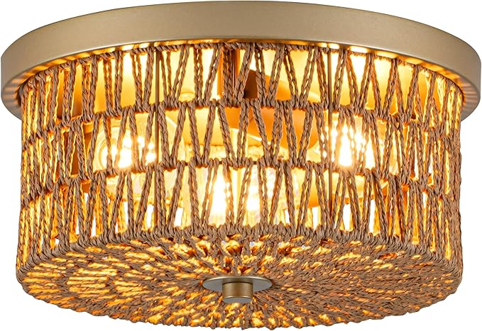 Rattan Ceiling Light, 3 Light Boho Light Fixture, Round Woven Flush Mount Ceiling Light for Entryway, Hallway, Bedroom, Kitchen