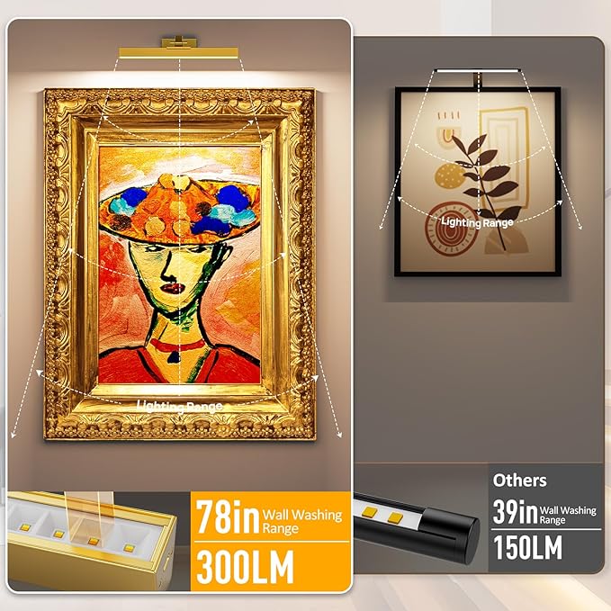 Afyuol Picture Lights for Wall, Battery Operated Picture Light 16in Art Light CCT Dimmable Recharging Battery Wall Light with Remote Control for Living Room Gallery Gold 2PCS