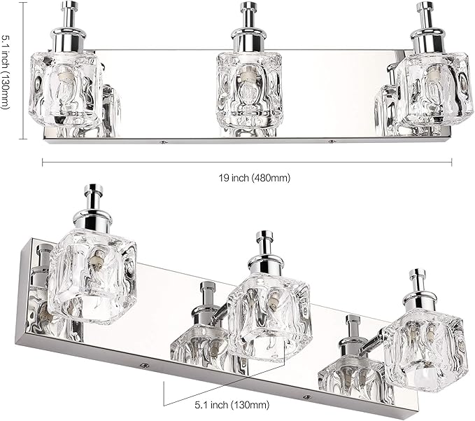 PRESDE Modern 3-Light Bathroom Vanity Lights Crystal Chrome Bathroom Lights Fixture Over Mirror LED Bath Wall Lighting