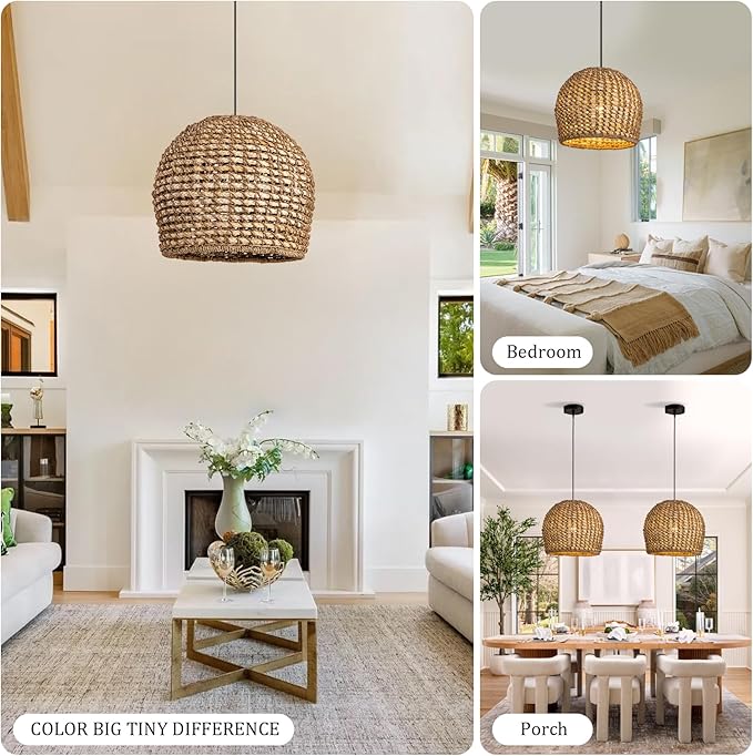 13.77" Brown Rattan Pendant Light Fixtures,1-Light Boho Seagrass Pendant Light,Hand Woven Water Plants Rattan Chandelier for Dining Living Bedroom Kitchen Farmhouse