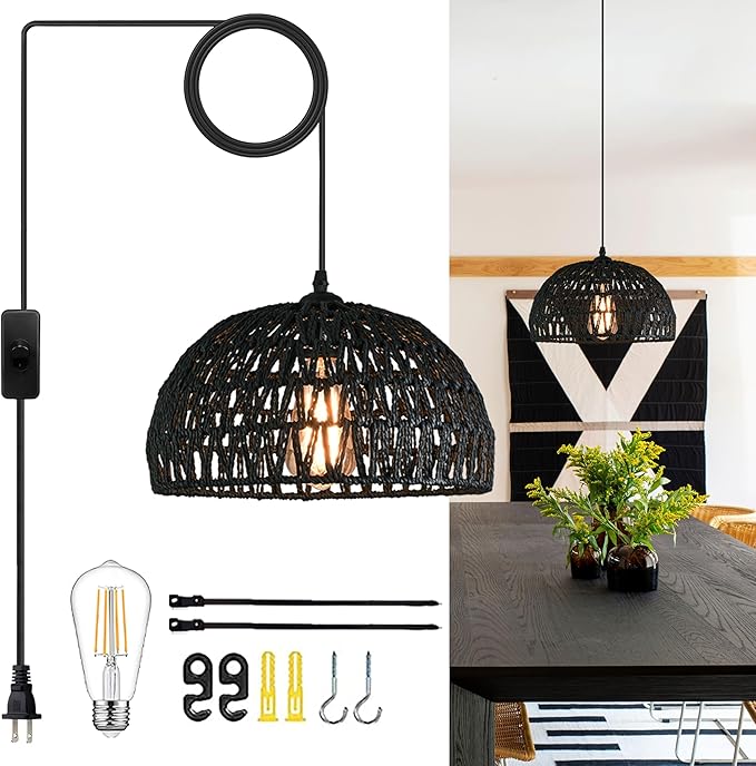 Ayshwill Dec Black Rattan Wicker Pendant Light - 15ft Boho Rattan Chandelier for Dining Room Kitchen Island (Bulb Included)
