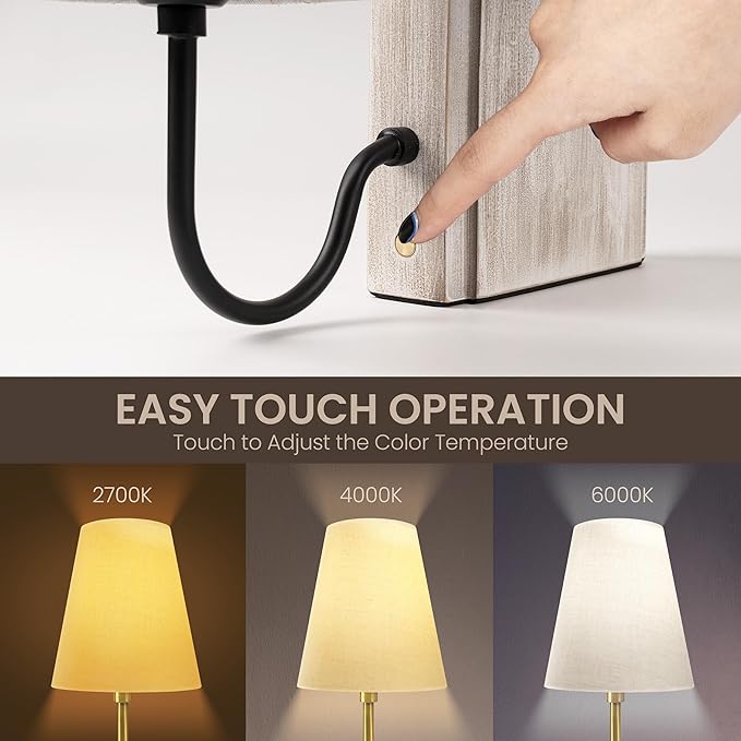 AELS Wooden Bookshelf Lamp with Bulb, Table Lamp with Linen Shade, 3-Color Dimmable Touch Control, Modern Farmhouse Decorative Bookend, Book Sconce for Office Home Bedroom Bookshelf, White