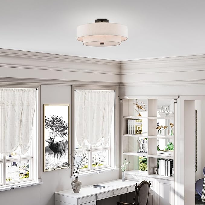 Livex Lighting 51085-92 4-Light Semi Flush Mount Ceiling Fixture with Oatmeal Color Fabric Hardback Drum Shade and Satin White Diffuser, English Bronze