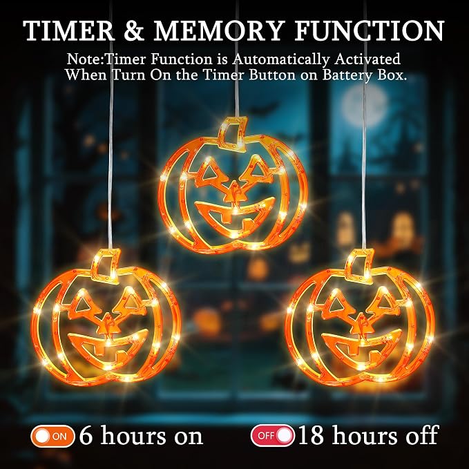Halloween Window Lights,3 Pack 48LED Pumpkin String Light with Battery Operated,Timer Memory Hanging Orange Halloween Light for Spooky Decor Outdoor Indoor Curtain Home Party Gift
