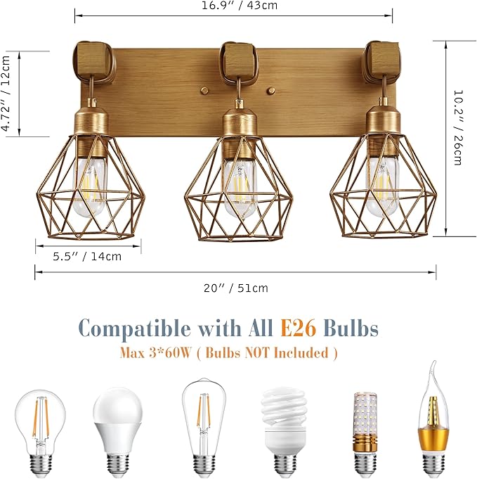 Farmhouse Bathroom Light Fixtures, 3-Light Gold Bathroom Vanity Light, Rustic Matte Antique Brass Finish with Metal Lampshade, Wall Sconces for Bedroom, Living Room, Hallway