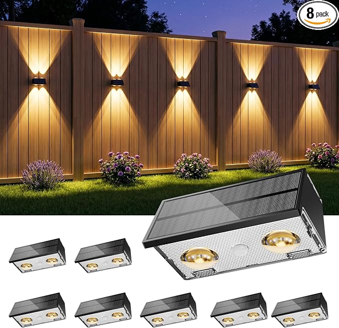 Bridika Solar Fence Lights, 8 Pack Up and Down Solar Lights Outdoor Waterproof, 8 Colors Lens LED Dusk to Dawn Wall Lights for Fence, Patio, Deck, Backyard, Garden