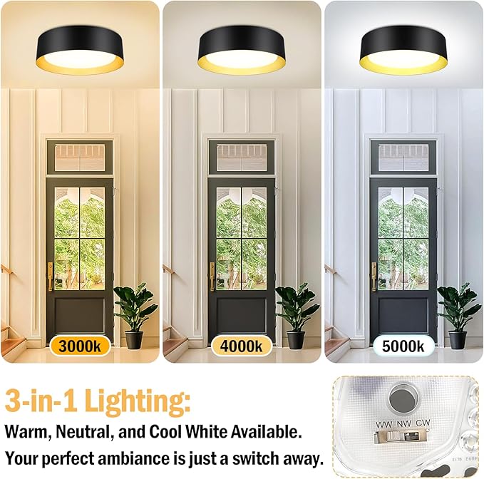 BrightHome Flush Mount LED Ceiling Light, 13in 2400LM 25W, 3 Color (3000K, 4000K, 5000K) Dimmable Black Gold Modern Lamp for Bedroom, Bathroom, Hallway, Kitchen
