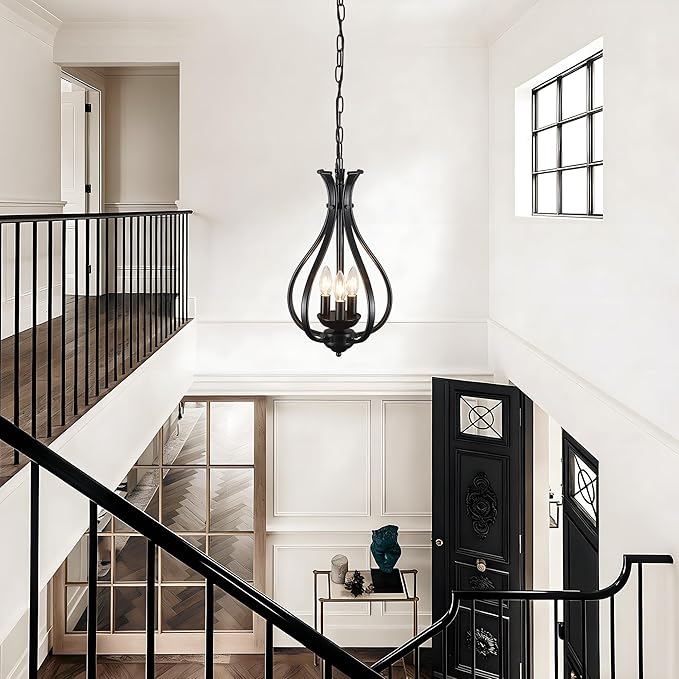 10.63" Black Chandelier 3-Lights Modern Farmhouse Chandeliers for Dining Room Light Fixtures Rustic Metal Industrial Vintage Adjustable Pendant Light Fixture for Foyer Kitchen Entryway Hallway E12