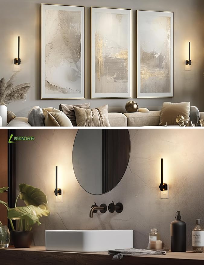 L LOHAS LED Night Light, [2 Pack] Night Lights Plug into Wall, 0-200LM Bathroom Nightlight, Dusk to Dawn Sensor 2W Dimmable Nightlights, Soft White 3000K, Modern Black Night Light for Mirror Restroom
