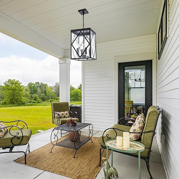 Outdoor Pendant Light with Water Ripple Glass, 4-Light Exterior Hanging Porch Light, Large Lantern Pendant Light, Waterproof Black Outside Chandelier for House Front Door Patio Entrance