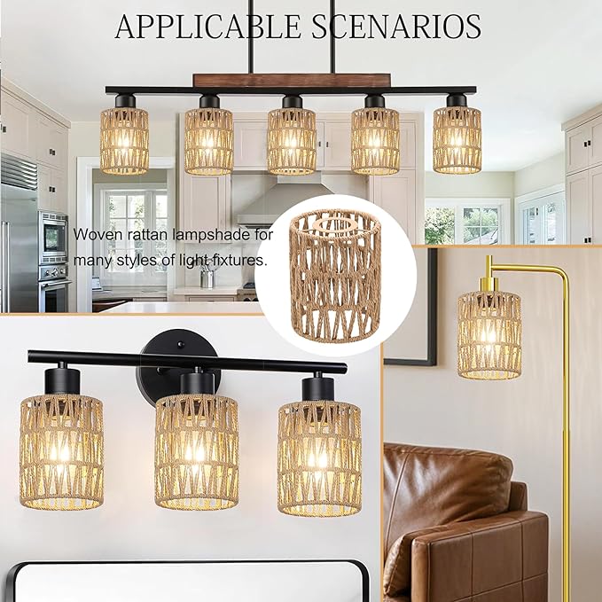 4-Pack Boho Rattan Lamp Shades,5.9" H x 4.7" D Woven Small Shade Replacement 3-Tier 1.62in Fitter Farmhouse Pendant Light Cover for Chandelier Floor Wall Lamp(Brown)