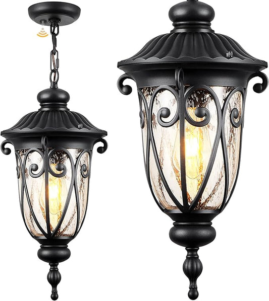 VIANIS Large Dusk to Dawn Outdoor Hanging Lights, Black Vintage Outdoor Pendant Light with Seed Glass, Waterproof, Anti-Rust Adjustable Length Chandelier, Hanging Ceiling Light for Porch, Garden, Yard