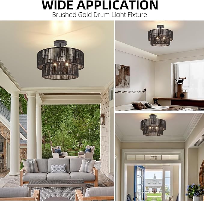 15.7'' Black Boho Light Fixtures Ceiling Mount Coastal Hemp Rope Semi Flush Mount Ceiling Light Fixture 3-Light Rattan Light Fixtures with 2-Tier Drum Shade for Dining Room Kitchen Entry