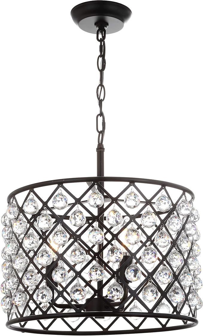 JONATHAN Y 16" Oil Rubbed Bronze Crystal LED Pendant Light, Adjustable Metal Chandelier for Kitchen Island, Entryway, Foyer, Clear Hand-Polished Crystal Shade, LED Bulb (JYL9026A)