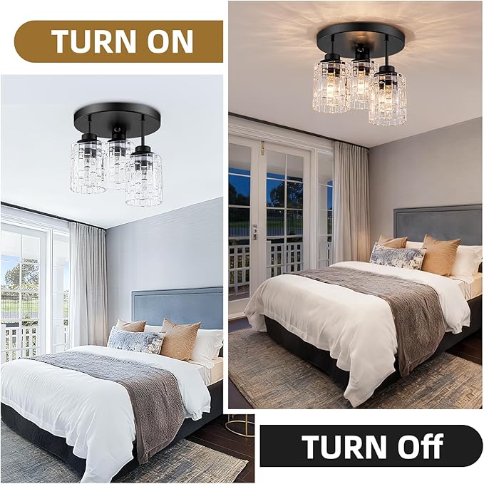 3-Lights Semi Flush Mount Ceiling Light Fixture,Matte Black Kitchen Ceiling Light with Glass Shades,Hallway Light Fixtures Ceiling Mount for Foyer Entryway Bathroom