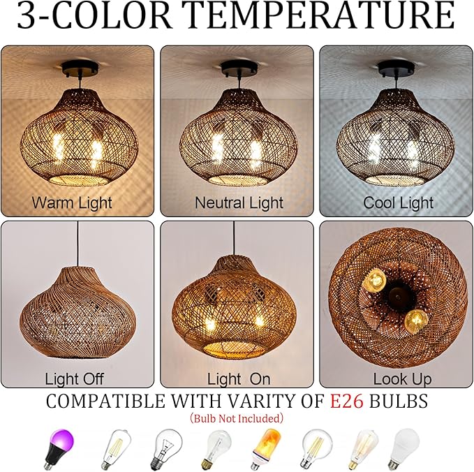 2-Light Dark Brown Rattan Pendant Light,14.96" Round Rustic Hanging Light,Curry Wicker Pendant Light Hand-Woven Rattan Chandelier for Workplace Dining Living Bedroom Kitchen Farmhouse