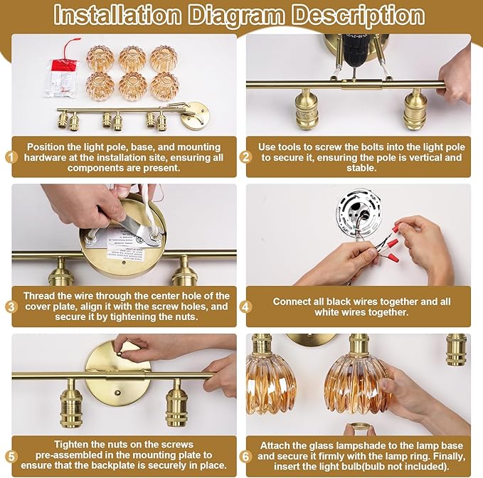 Vintage Bathroom Light Fixtures,6-Light Hardwired Vanity Lights with Amber Tulip Glass Shade,Gold Bathroom Vanity Light for Mirror Restroom,E26 Socket,40.55 in(Bulbs Not Included)