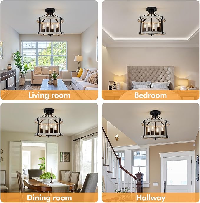 12.5" Farmhouse Semi Flush Mount Ceiling Light,4 Light Rustic Semi Flush Ceiling Light,Black+Oak Finish Industrial Semi Flush Light Fixture for Hallway Entryway Bedroom Balcony Laundry Room