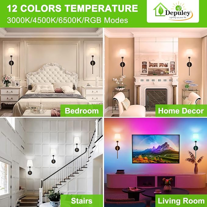 Depuley Battery Operated Wall Sconce: Set of 2 Wireless Wall Lights with Remote for Bedroom - Rechargeable 15 Colors Black and Gold Wall Lamp for Living Room Hallway