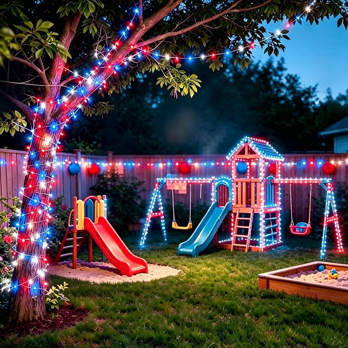 Joomer Red White Blue Solar Fairy Lights, 4th of July Memorial Day Decor, 2 Pack 39FT 120 LED String Light, 8 Lighting Modes with Memory, Waterproof Outdoor Patriotic Lights for Independence Day Decor