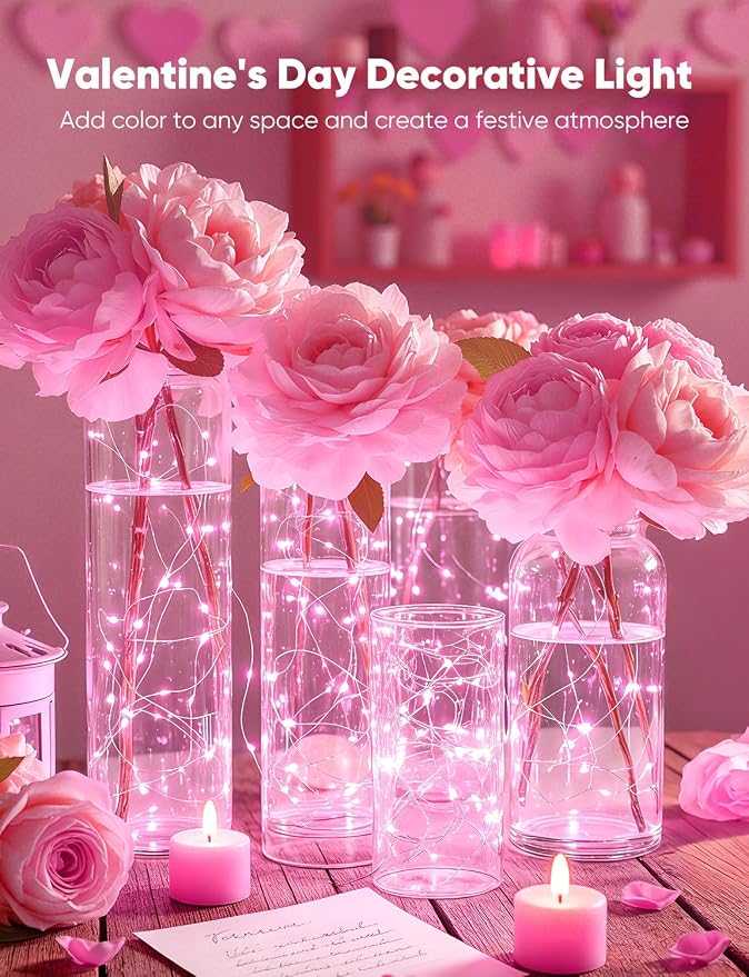 Brightown Valentine's Day 12 Pack Pink Led Fairy Lights Battery Operated String Lights Waterproof Silver Wire 7 Feet 20 Led Firefly Starry Moon Lights for DIY Wedding Party Bedroom