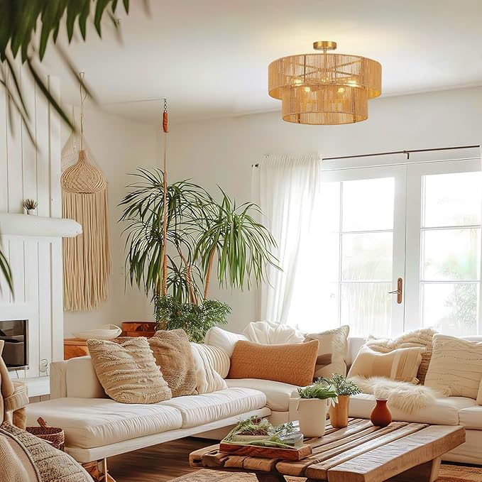22” Boho 2-Tier Rattan Ceiling Light Fixture, 5-Light Flush Mount Woven Chandelier for Bedroom, Dining Room, Kitchen, Entryway, Living Room, Rustic Gold Lighting