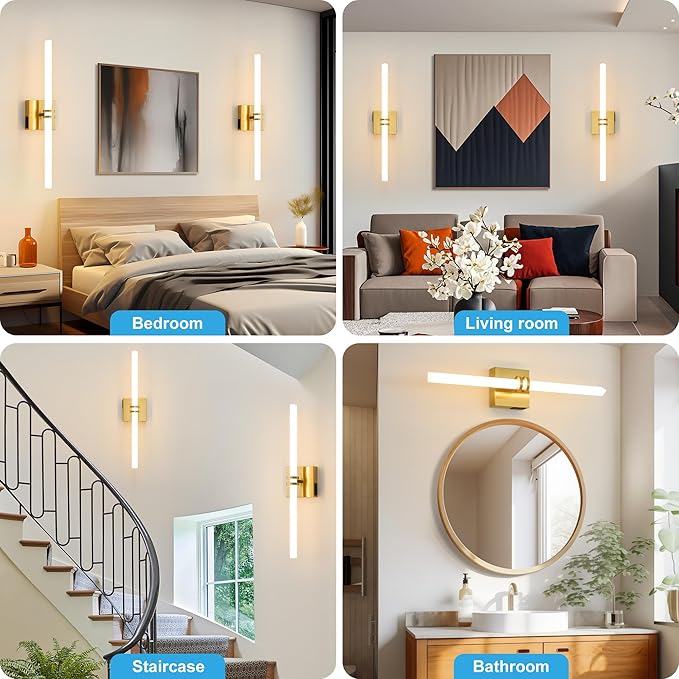 Battery Operated Wall Sconce 1Pack, Gold Rechargeable Wall Lights with Dimmable Remote Control, 22 Inch 3000K-6000K LED Wireless Wall Lamps for Bedroom, Hallway, Background Wall