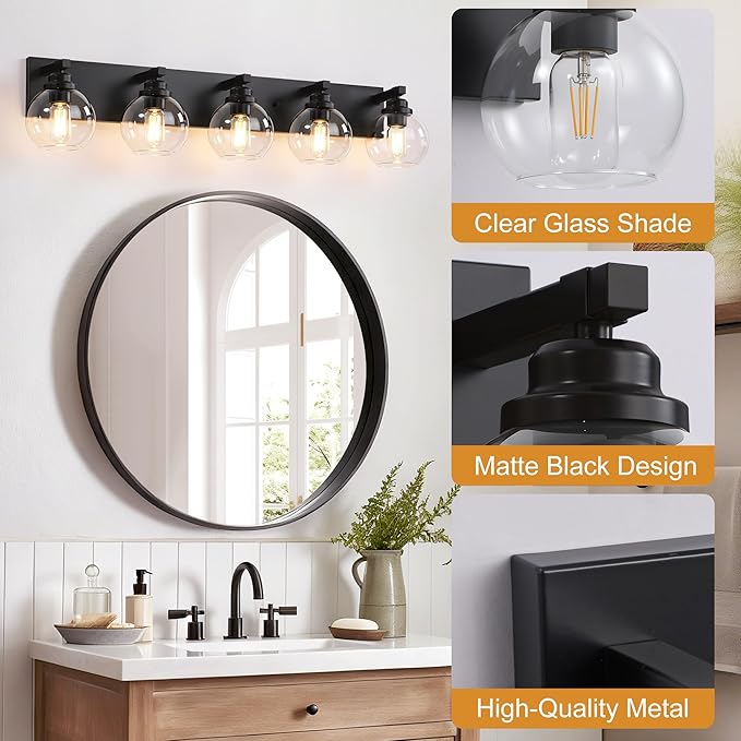 LmnLvn Bathroom Light Fixtures, 5-Light Matte Black Vanity Lights, Modern Bathroom Lighting Fixtures Over Mirror, Farmhouse Vanity Lights with Glass Shade for Living Room, Bedroom, Hallway