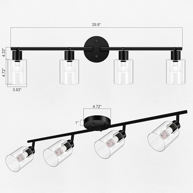 BoostArea 4 Light Led Track Light,Glass Lightshade Track Lighting Kits,4 Way Modern Ceiling Spot Lights for Kitchen,Dining Room,Bedroom,Hallway,Flexibly Rotatable Light Head,Black,Not GU10 Bulb
